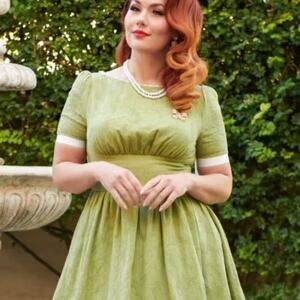 Unique Vintage 1950s Green Boatneck Ricrac Swing DressSz M #28